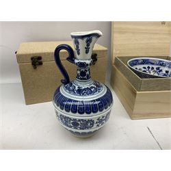 Chinese blue and white ewer painted with floral and stylized panels, together with blue and white bowl, the interior decorated with striped panels below a boarder of waves, ewer H22cm 