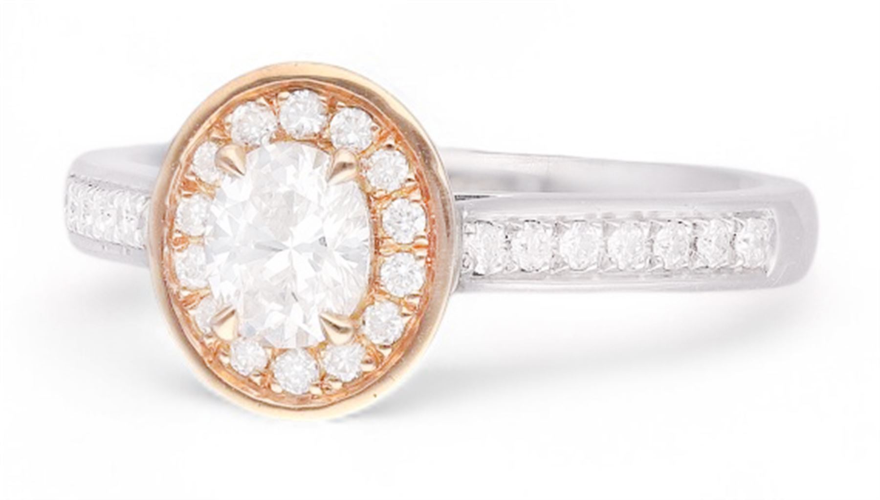 18ct white and rose gold diamond halo cluster ring, the principal oval cut diamond of approx 0.45 carat, with round brilliant cut diamond surround and diamond set shoulders, hallmarked, total diamond weight approx 0.70 carat