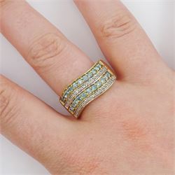 9ct gold four row round brilliant cut fancy blue and white diamond ring, hallmarked