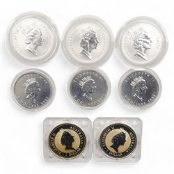 Eight Queen Elizabeth II one ounce fine silver coins, comprising Canada two 1993, one 1994 five dollars, Australia two 1994 Kookaburras, 1993 and two 1994 one dollar Kangaroos (8)