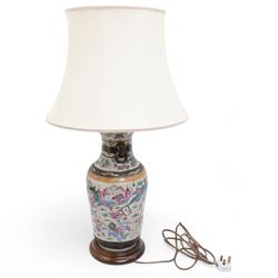 Chinese famille rose craquelé table lamp, of baluster form, decorated with scenes of fight...