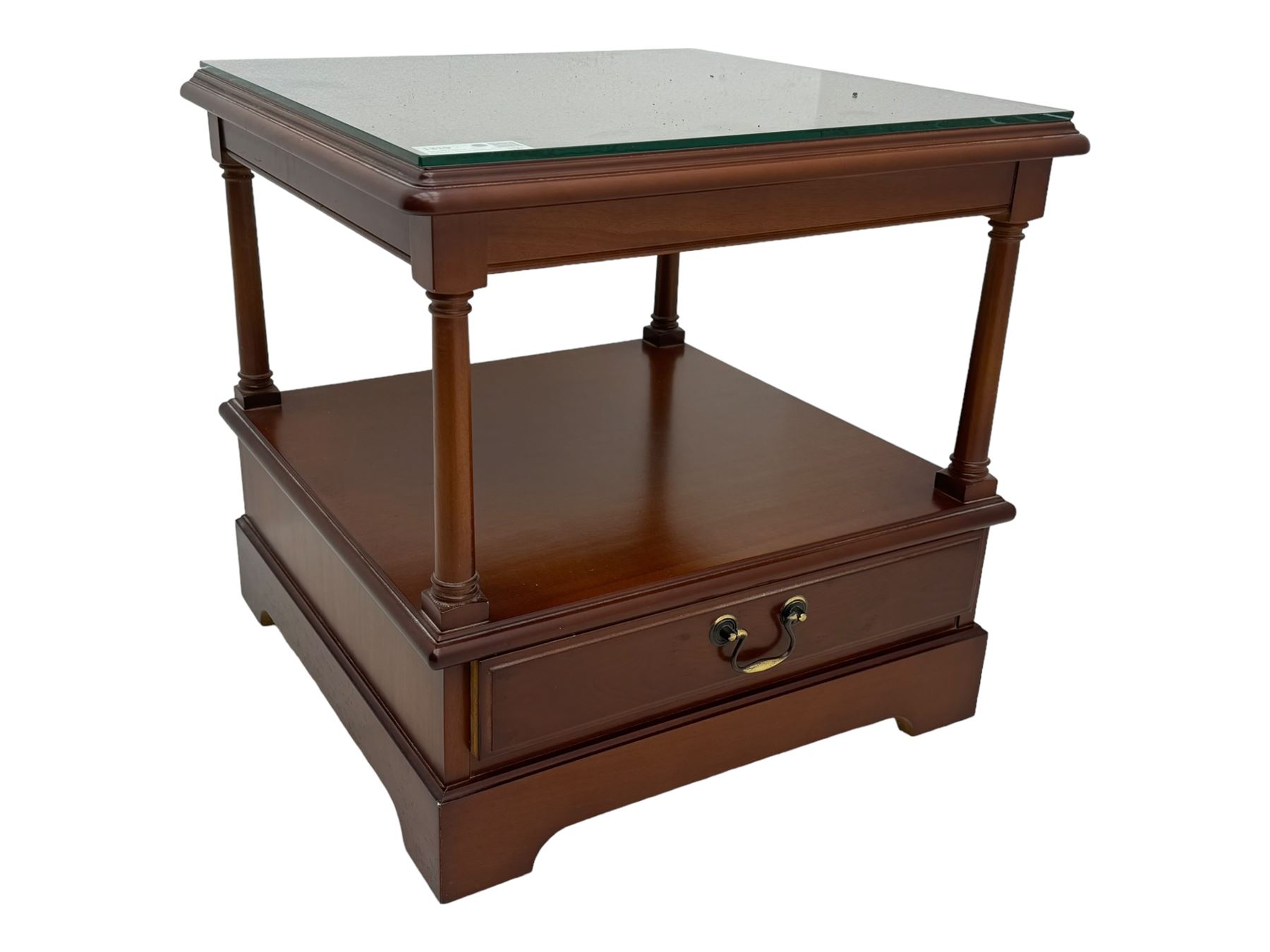 Cherrywood lamp table, square moulded top over undertier and single drawer 