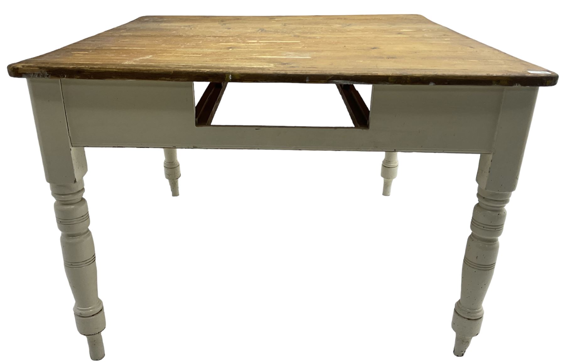 Victorian painted pine kitchen table, polished top on painted base, turned supports