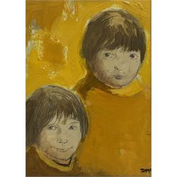 Donald McIntyre (British 1923-2009): 'Two Children Wearing Yellow', collage and mixed media signed with initials 30cm x 21cm