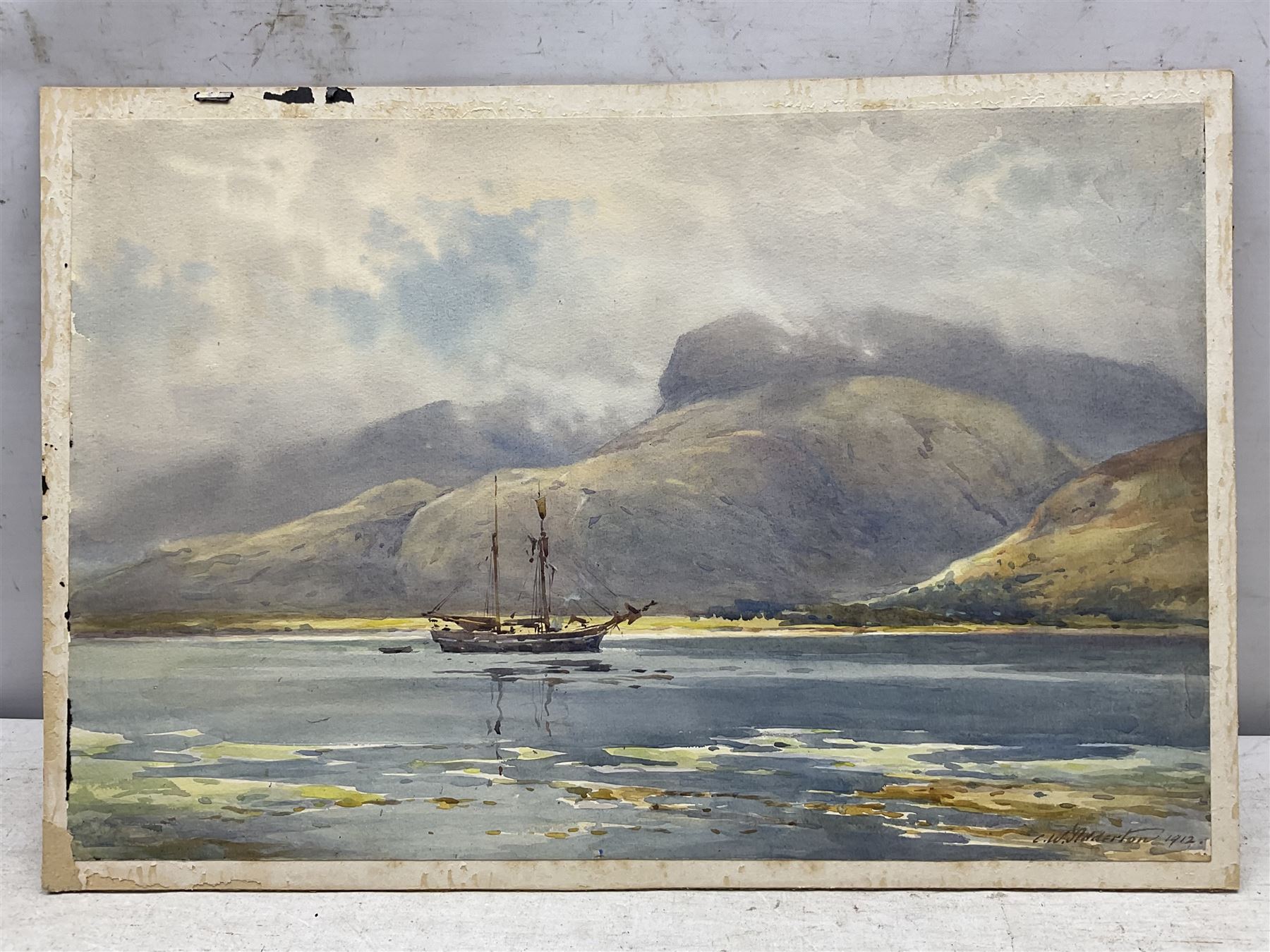 Charles William Adderton (British 1866-1944): 'Ben Nevis from Fort William', watercolour signed and dated 1912, titled verso 31cm x 47cm (unframed)
Provenance: direct from the family of the artist Harry Wanless 1872-1934, part of a collection never previously seen on the market
Notes: Adderton was a friend of the brothers Harry and Charles Wanless, all of whom studied under Albert Strange at the Scarborough School of Art School. Adderton had a studio at 55 Sandside, Scarborough between 1894 and 1901, he moved to Ockbrook Derby and later to Robin Hoods Bay where he was a member of the Fylingdales Group of Artists