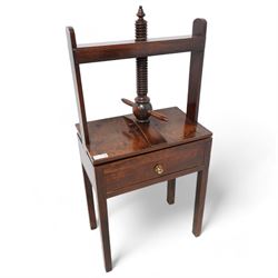 18th century oak linen press stand, raised super structure with screwing mechanism and flat plates, fitted with single drawer, on square supports 