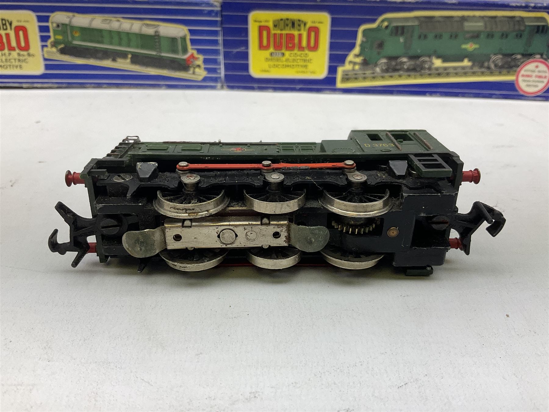 Hornby Dublo - three-rail Co-Co diesel electric locomotive; Bo-Bo diesel electric locomotive No.D8000; and 0-6-0 diesel electric shunting locomotive No.D3763; all boxed (3)