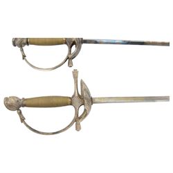 Pair of Rapier swords, with four sided blades, hilt with scalloped shell guard and wire grip, L97cm