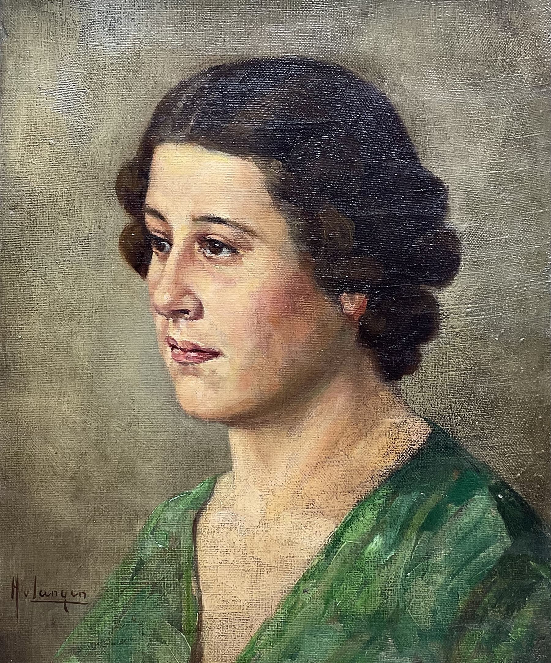 Hendrikus Johannes van den Langen (Dutch 1874-1964): Lady in Green - Bust Portrait, oil on canvas signed 29cm x 23cxm 