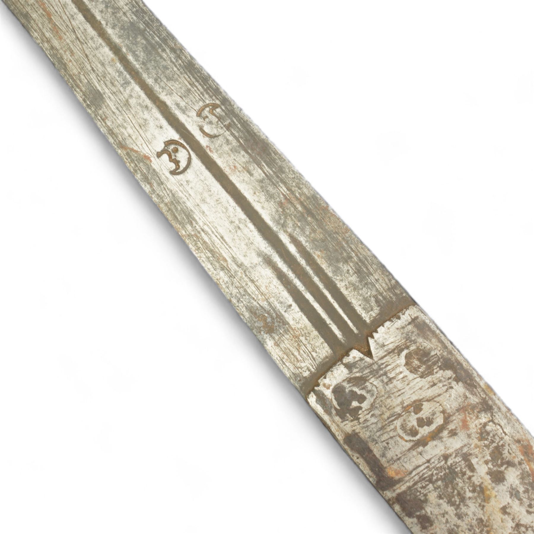 Sudanese Kaskara sword, the broad blade with traces of engraving, leather cross piece and leather wound grip, blade length 77cm