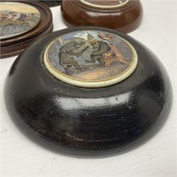 Six framed Prattware pot lids comprising 'Bear, Cock & Lion', 'Bear on Rock', 'Alas! Poor Bruin', ' Lady, Boy and Goats', 'The Shrimpers' and one other, largest D15.5cm (6)