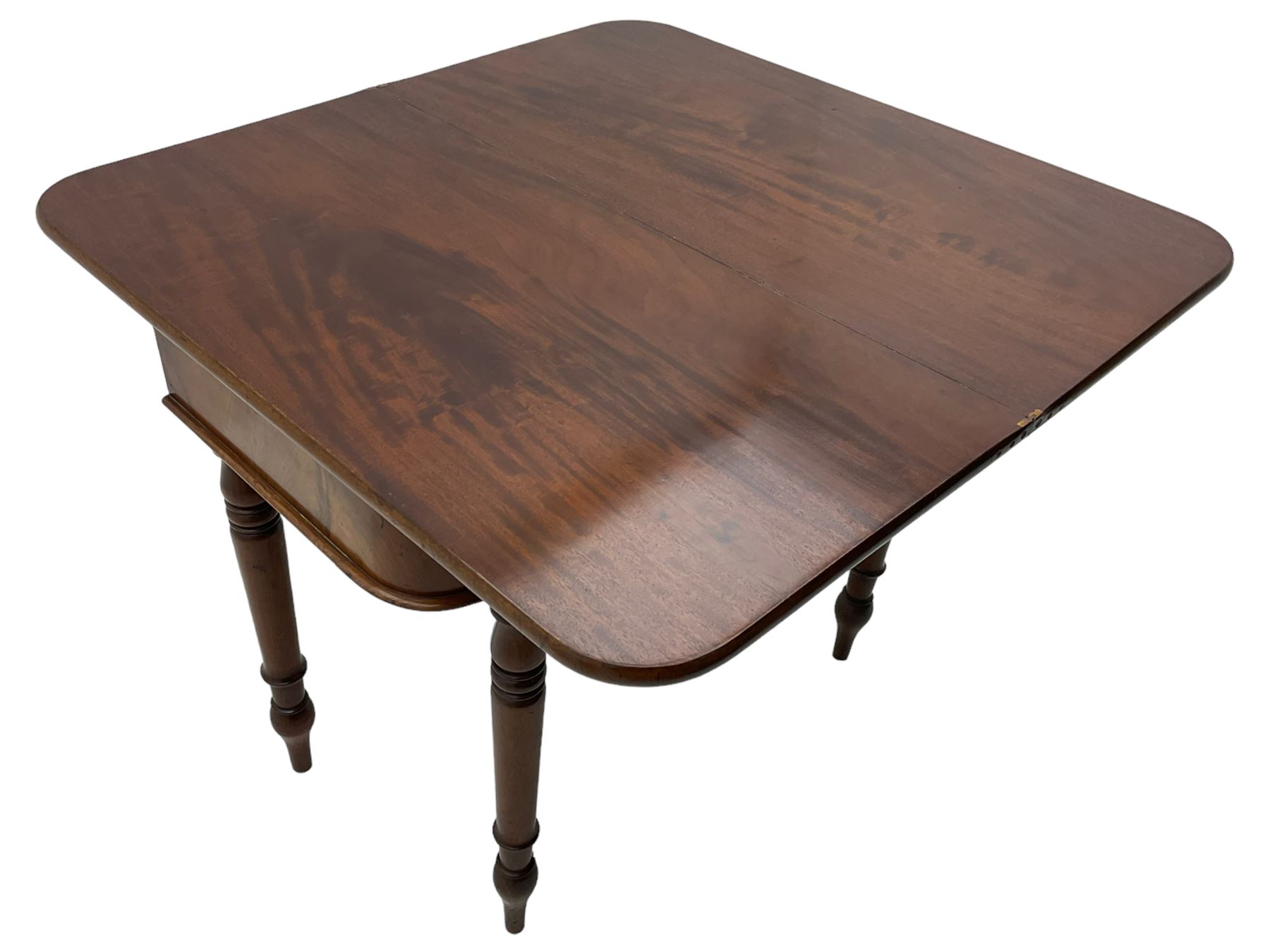 19th century mahogany tea table, fold-over swivel action rectangular top with rounded corners, figured frieze with stepped lozenge mounts, on turned supports