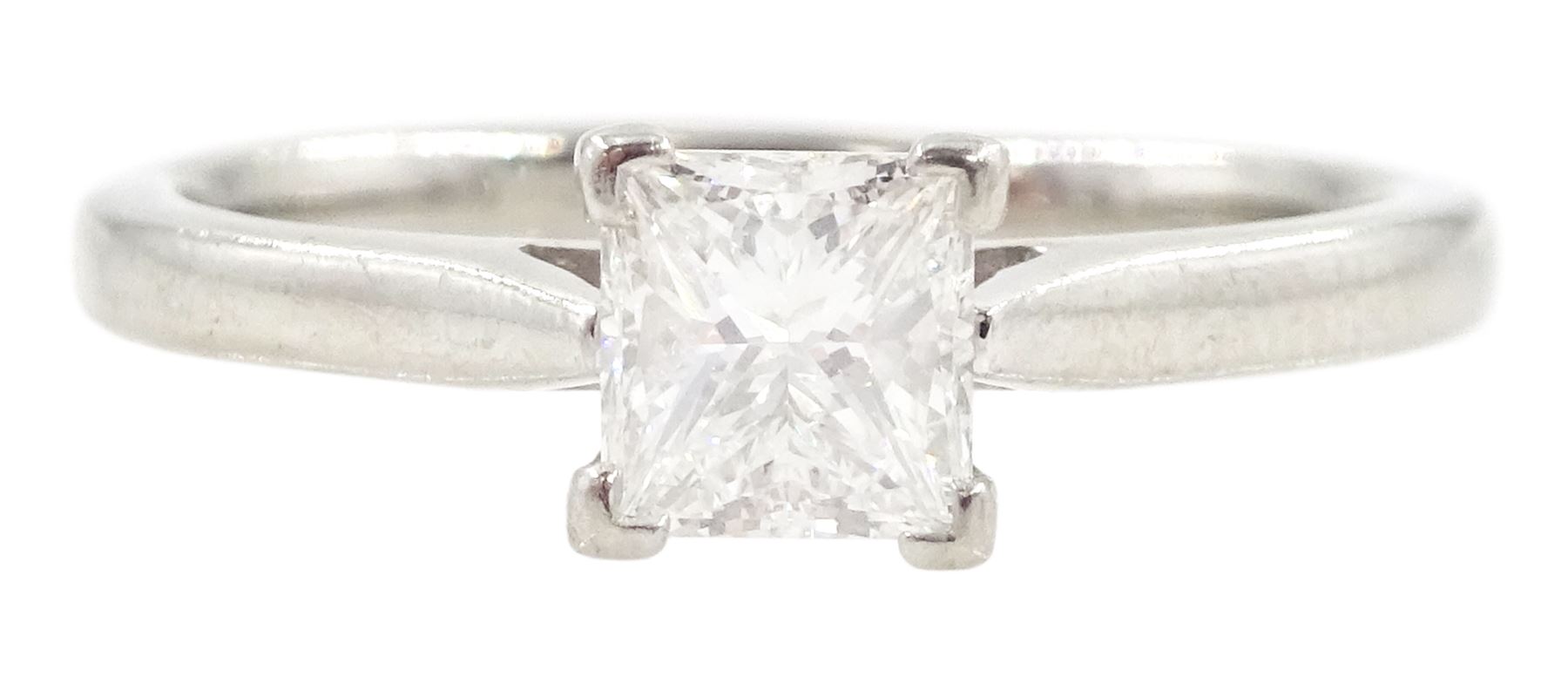 Platinum single stone square modified brilliant cut diamond ring by Hugh Rice, Sheffield 2014, diamond 0.50 carat, GIA report check: colour G, clarity VS1