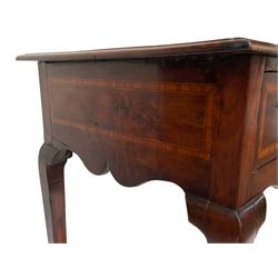 18th century and later inlaid mahogany and fruitwood low-boy, the moulded rectangular top with satinwood band, shaped frieze fitted with single drawer, on cabriole supports with angular feet