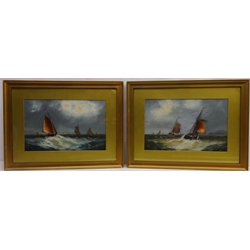  Sailing Boats off Shore, two oils on board signed J Fraser (Possibly John Fraser British 1858-1924) 27.5cm x 43cm (2)  