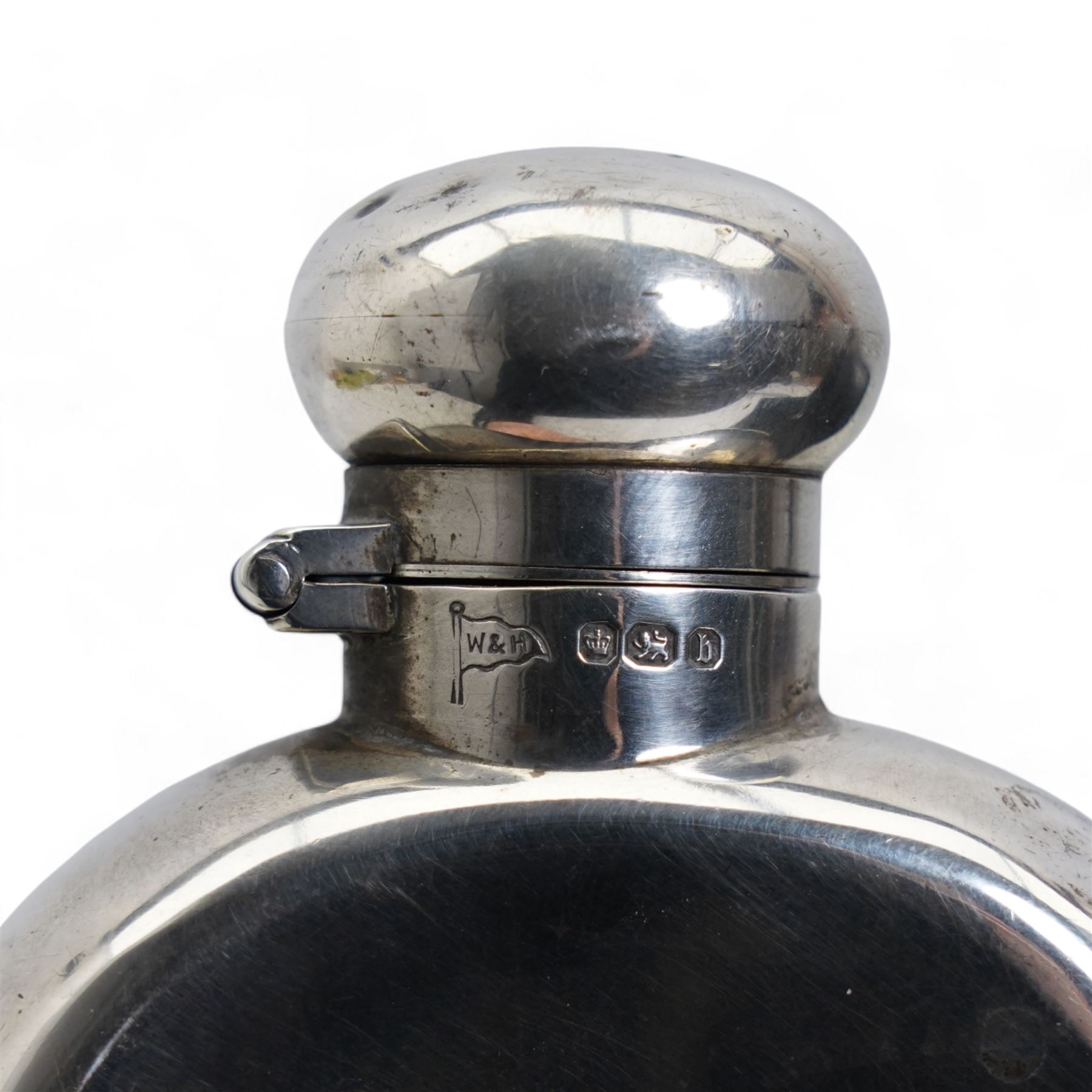 Late Victorian silver hip flask of flattened oval form L14cm Sheffield 1894 Maker Walker & Hall 