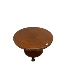 Victorian mahogany breakfast table, circular top with moulded edge, on a tapering pedestal with shaped collar on circular base, raised on three large paw feet