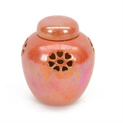 Ruskin Pottery vermilion lustre pot pourri jar and cover, 1913, reticulated sides, impress...