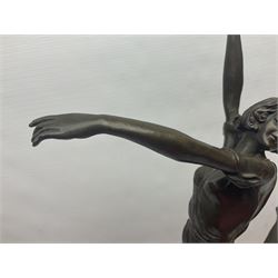 Art Deco style bronze, after Bruno Zach, modelled as a dancer with her arms raised, on a veined marble tapering base signed B. Zach and with foundry seal, H65cm