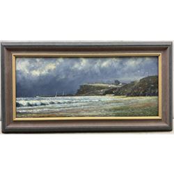 Jack Rigg (British 1927-2023): 'Between Sandsend and Whitby', oil on board signed and dated 2013, titled verso 29cm x 69cm