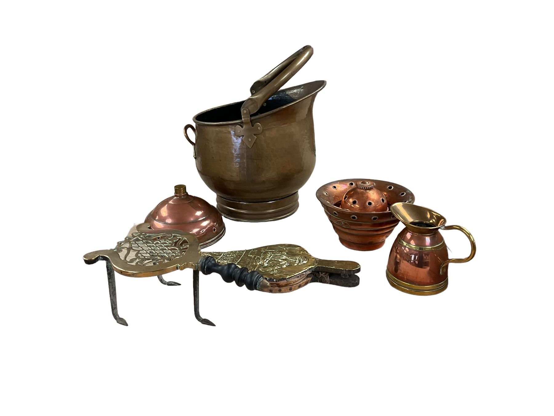 brass bellows, together with coal scuttle and other brass and copper