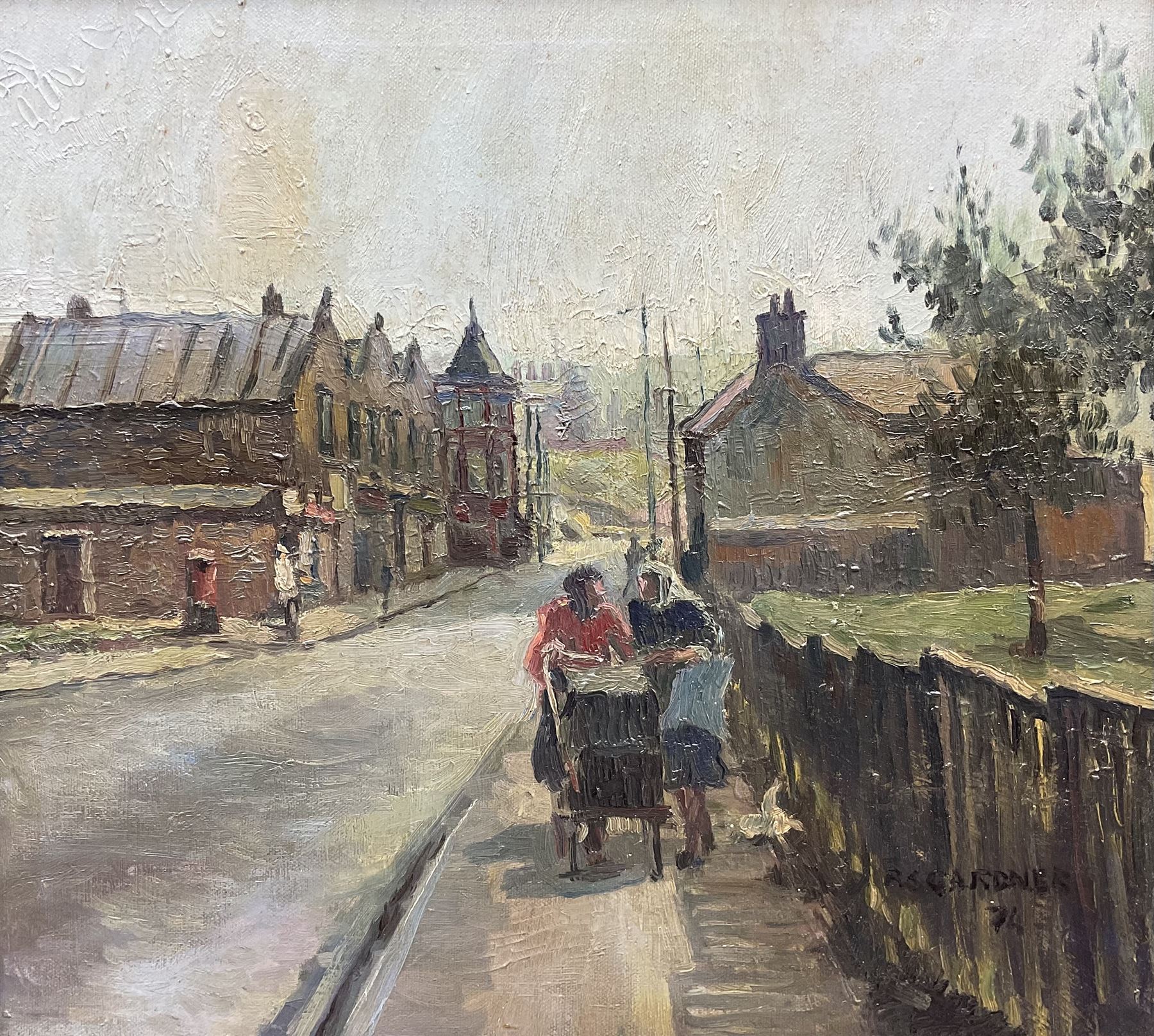 Reg Gardner (Northern British 1948-): 'Beswick Street' Ancoats - Manchester, oil on canvas signed and dated '74, titled verso 40cm x 44cm