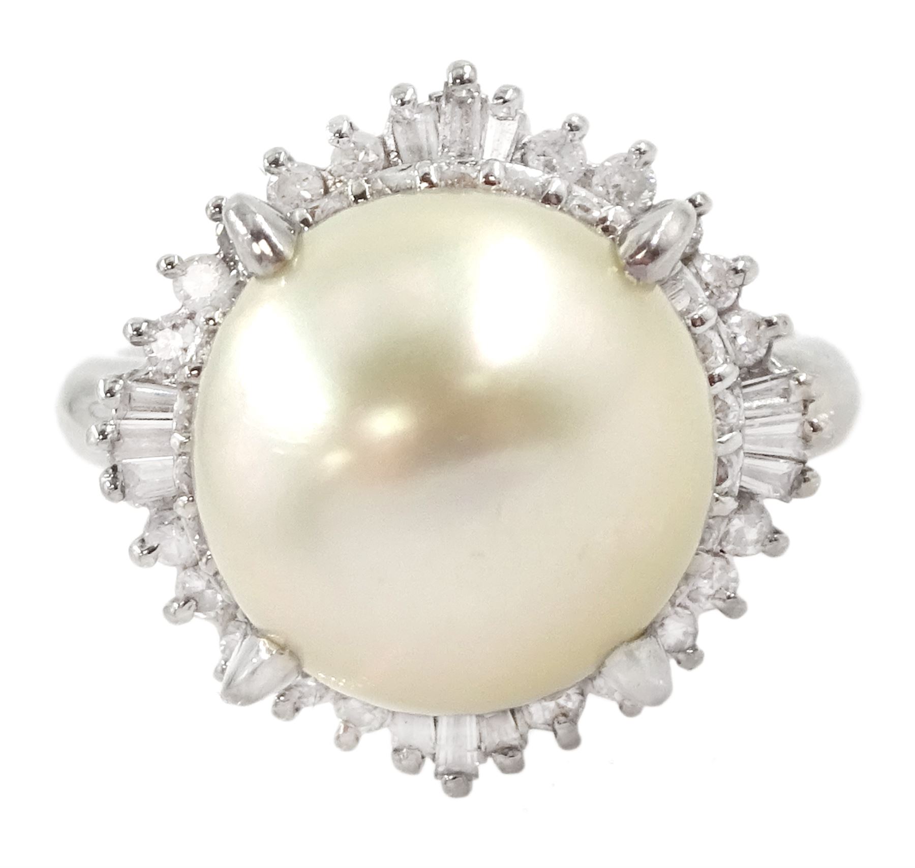 Platinum single stone cultured pearl and diamond cluster ring, stamped, total diamond weight approx 0.50 carat