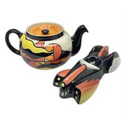 Lorna Bailey Mirage pattern teapot, together with Lorna Bailey batmobile egg cup, both signed beneath, teapot H10cm