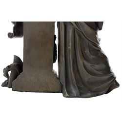 19th century French bronze sculpture of a Classical female muse leaning against a pedestal applied with a book, unsigned, numbered verso 2783, H26cm