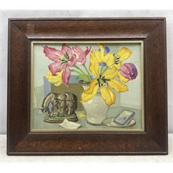 English School (Mid 20th Century): Still Life of Pink and Yellow Flowers, oil on board unsigned 29cm x 36cm 