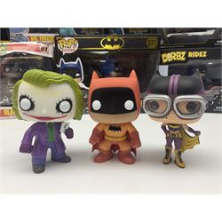 Thirteen Funko! Pop figurines of predominately Batman interest, to include 2016 ‘Batman Classic TV Series Batmobile’ and 2019 teal coloured ‘Batman’ Summer Convention exclusives, most in original boxes, with three similar boxed figures (16)