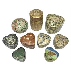 Nine lacquered boxes, including seven heart shaped examples, mainly decorated with floral designs, largest H12cm