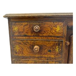 Victorian walnut scumbled pine sideboard, stepped rectangular top over central cupboard with marquetry inlay, flanked by two banks of three drawers fitted with round wooden knobs, raised on turned bun supports