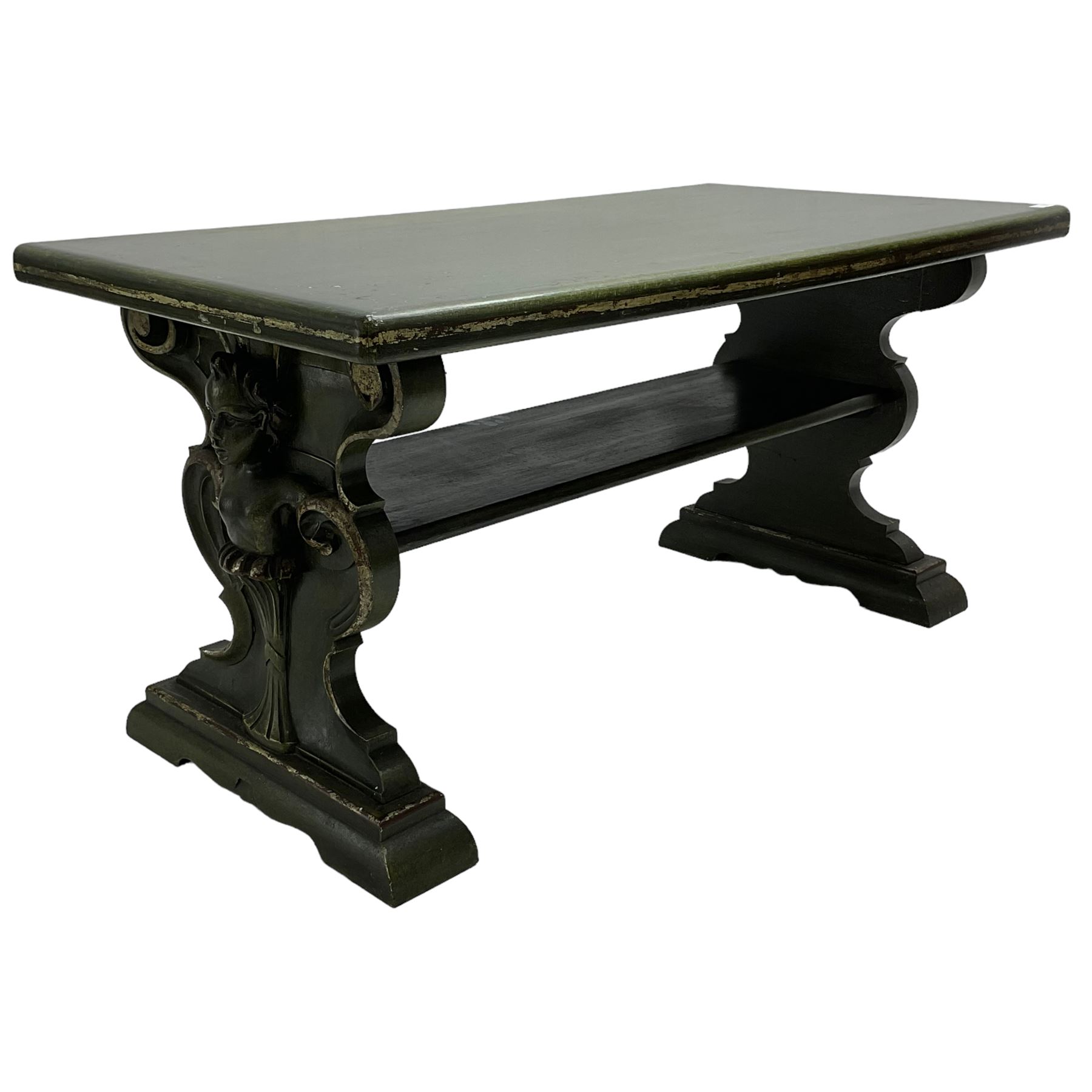 Italian design coffee table in green marbled finish, moulded rectangular top over shaped end supports mounted by putti caryatids and scrolls, stepped and moulded sledge feet