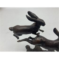 Michael Simpson: bronze Small Hares Running, modelled as three hares, limited edition 29/350, with certificate, H11cm 