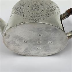 George III silver bachelors teapot, of oval form with wooden scroll handle and finial, the body chased with armorial crest and ribbon swag and foliate detail, hallmarked Samuel Godbehere & Edward Wigan, London 1793, including handle H9cm