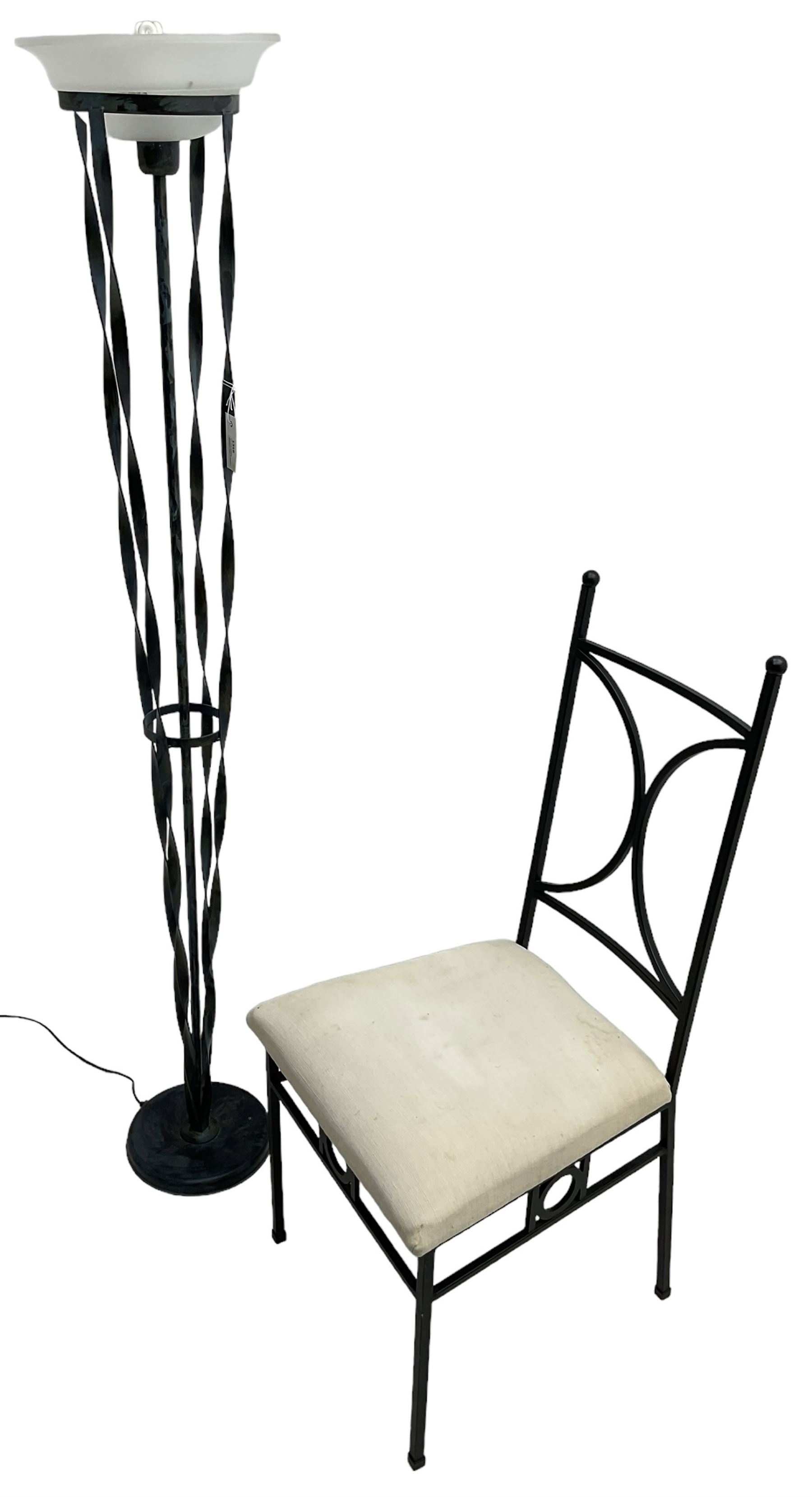 Wrought metal standard lamp (H170cm); wrought metal side chair with curved X-framed back over upholstered seat (W49cm)