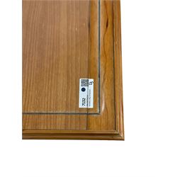 Pair of contemporary cherry wood bedside cupboards, inset glass top in moulded frame, fitted with single drawer over cupboard, on square tapering supports 