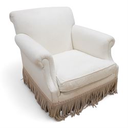 Late 20th century hardwood-framed armchair, rolled back and arms upholstered in cream fabric with fringe, on square front feet 