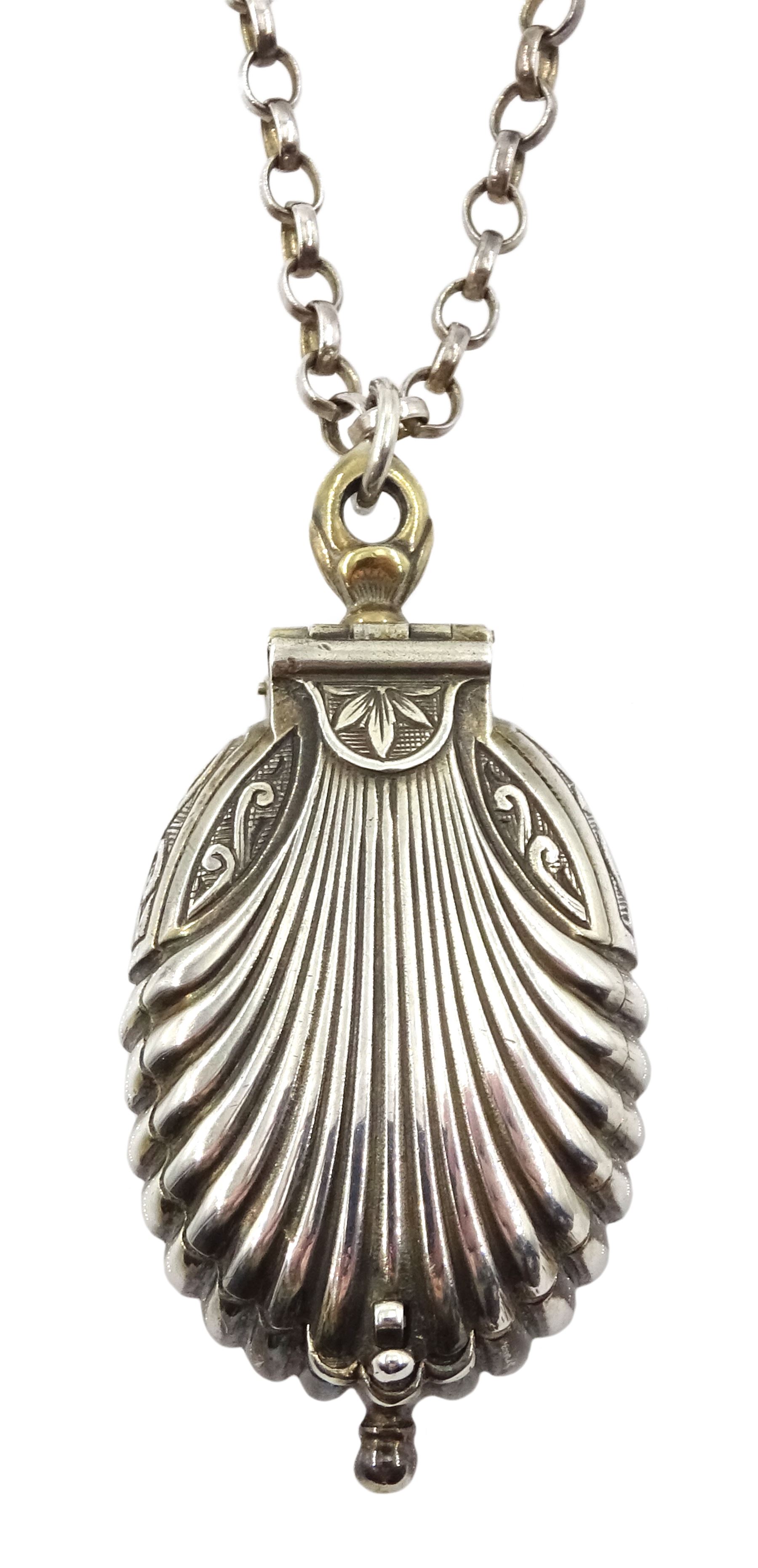 Silver and silver-gilt novelty manual wind watch pendant, in the form of a shell, by St James House Company, London 1975, on silver belcher link chain necklace, boxed