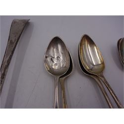 Collection of silver spoons, including Old English pattern bottom struck example, hallmarked worn and indistinct, set of six Victorian silver teaspoons, hallmarked Charles Boyton I, London 1840, a set of four George III silver teaspoons, hallmarked Charles Boyton, London 1787, and three other silver spoons 