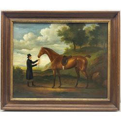 English Naive School (20th century): Portrait of a Horse and Groom, oil on canvas unsigned 40cm x 50cm