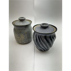 Jane Hamlyn studio pottery tankard and two John Egerton tea caddies, together with two studio pottery lamp bases, largest lamp base H34cm