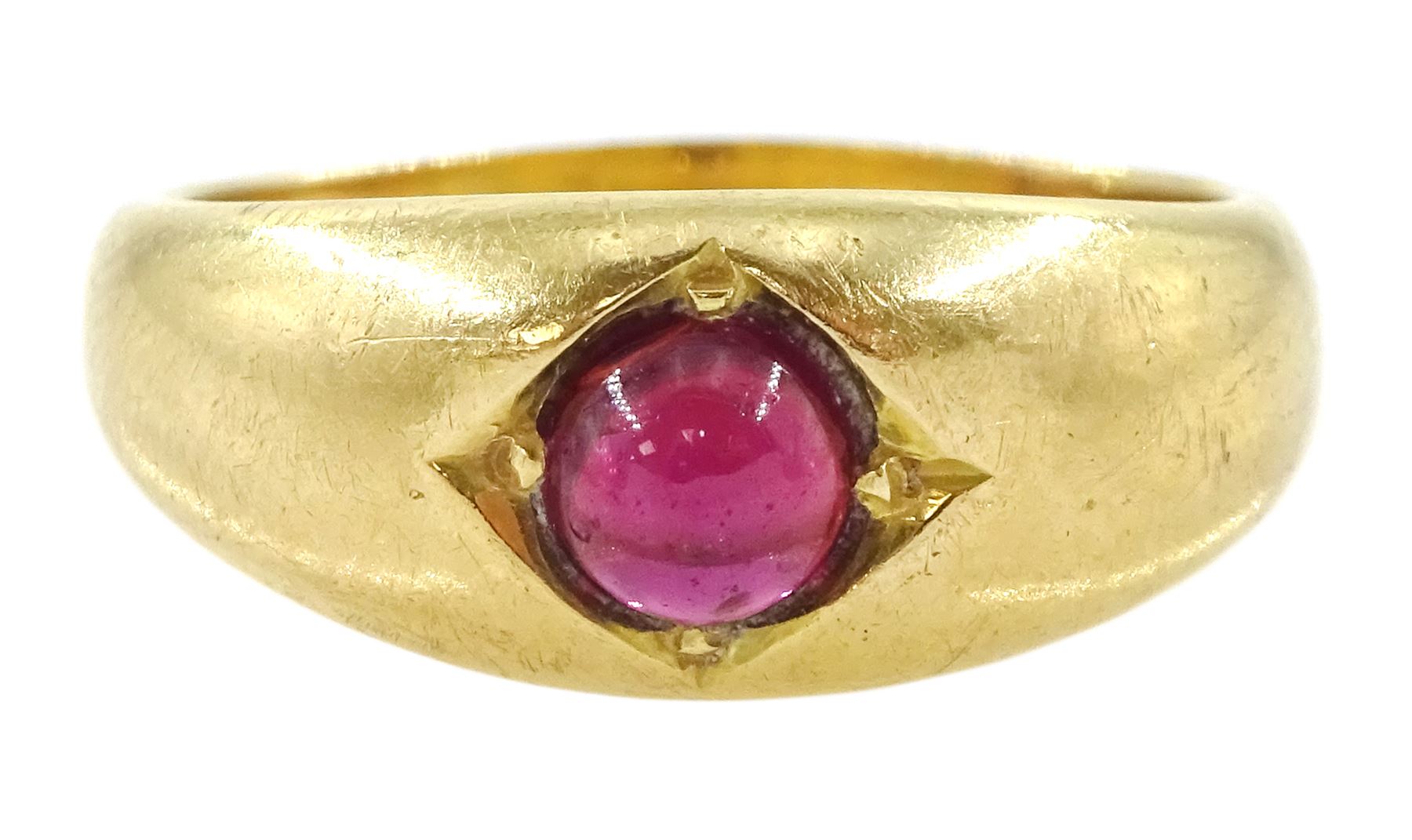 Edwardian 18ct gold single stone cabochon garnet ring, Birmingham 1902