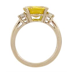 18ct gold three stone yellow sapphire and round brilliant cut diamond ring, hallmarked, yellow sapphire approx 5.20 carat