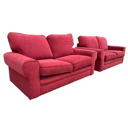 Pair of two seat sofas, upholstered in red fabric