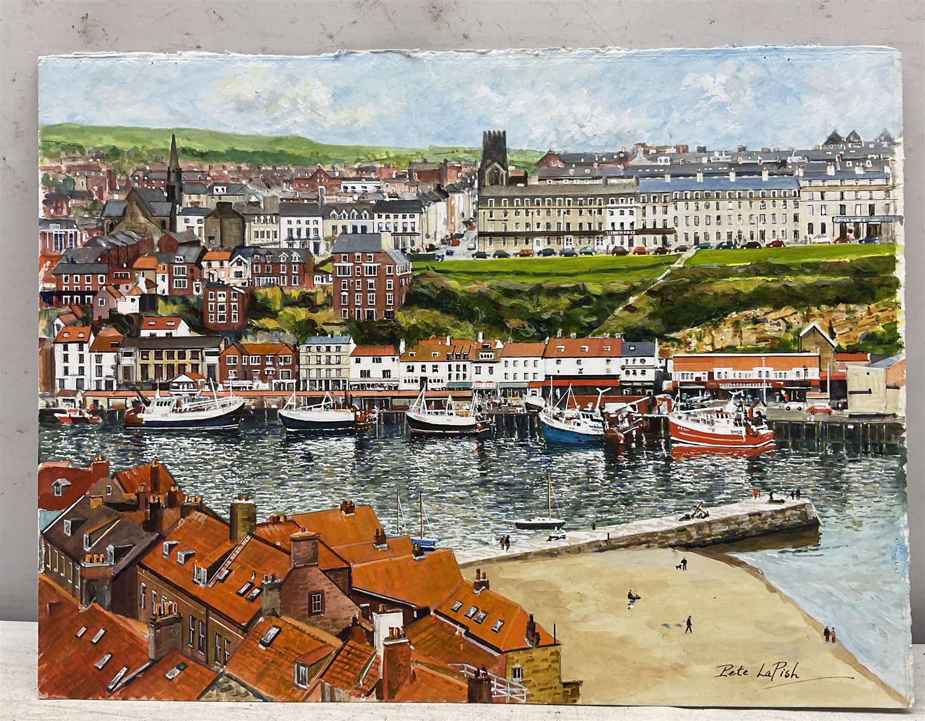 Peter Lapish (British 1937-): 'Fish Pier and West Town Whitby', acrylic on paper signed, titled verso 27cm x 37cm