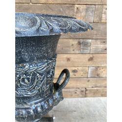 Pair of Victorian design ornate black painted cast iron garden urns, egg and dart rim, tapering column on pedestal base H63, D48