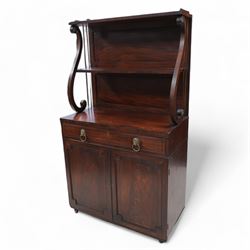 Regency mahogany lyre chiffonier, tall two-tier raised back with serpentine supports and b...