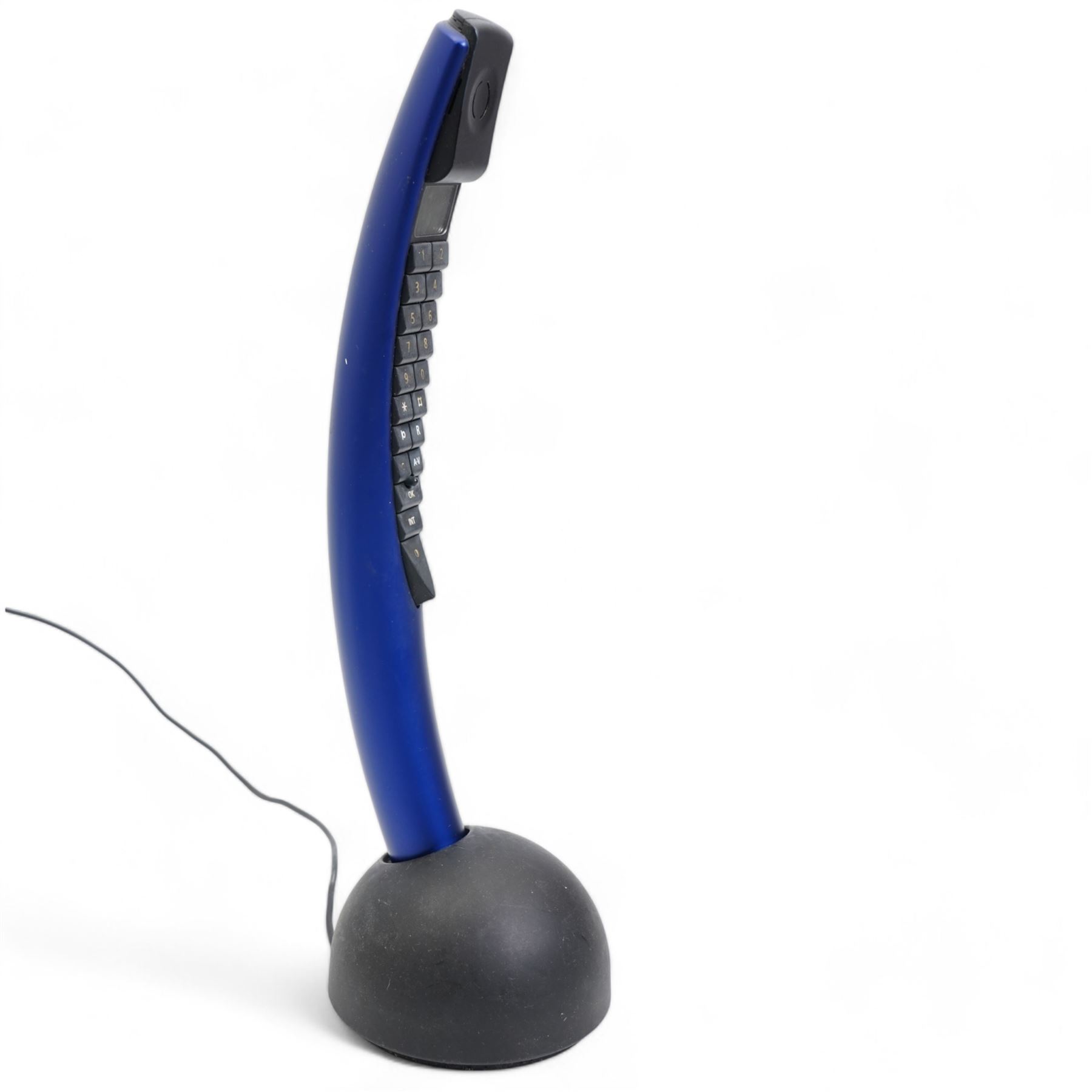 Bang and Olufsen BeoCom 2 cordless phone, blue handset and black table charger, H32.5cm